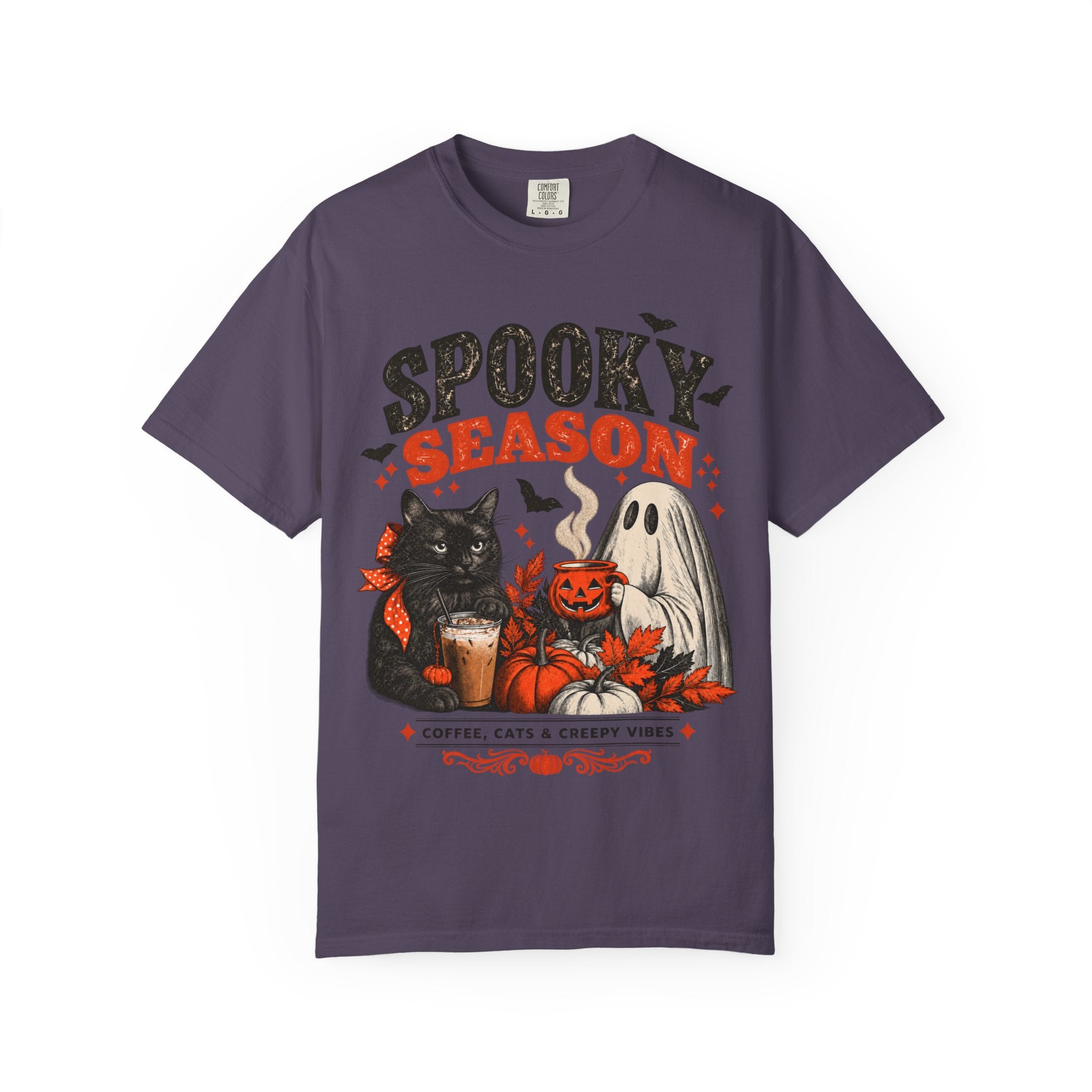 Spooky Season Black Cat & Ghost T-Shirt | Halloween Coffee & Cats Tee