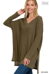 Plus Size Brushed Thermal Waffle V-Neck Sweater