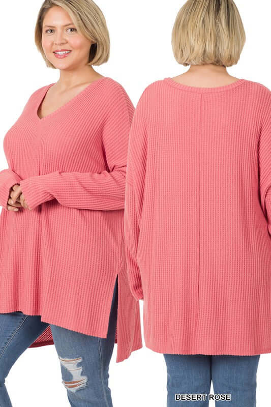 Plus Size Brushed Thermal Waffle V-Neck Sweater