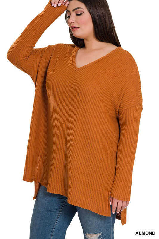 Plus Size Brushed Thermal Waffle V-Neck Sweater