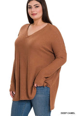 Plus Size Brushed Thermal Waffle V-Neck Sweater