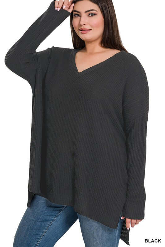 Plus Size Brushed Thermal Waffle V-Neck Sweater