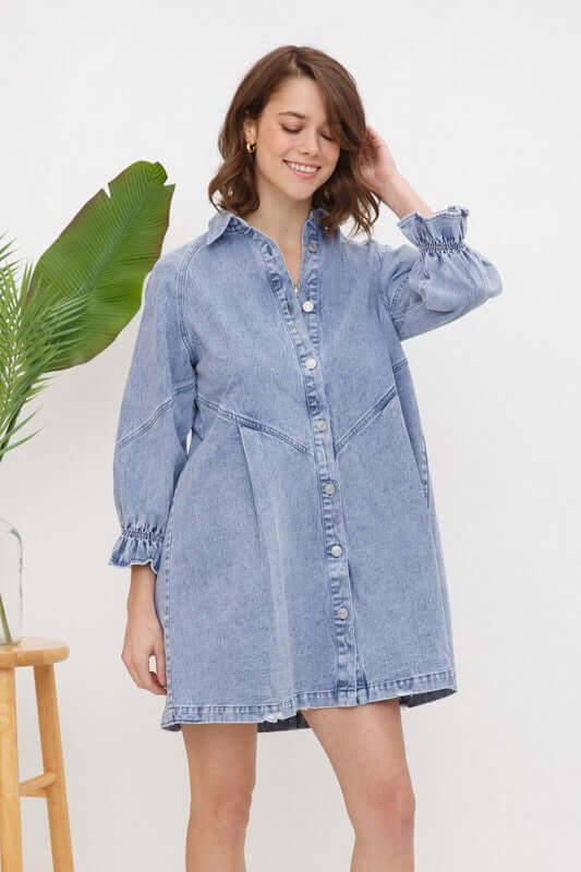 Washed Long Sleeves Denim Dress