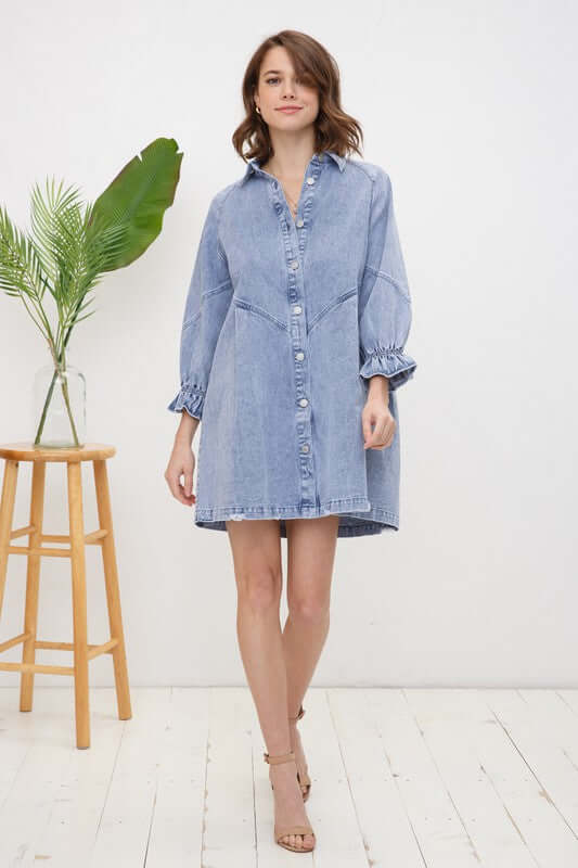 Washed Long Sleeves Denim Dress