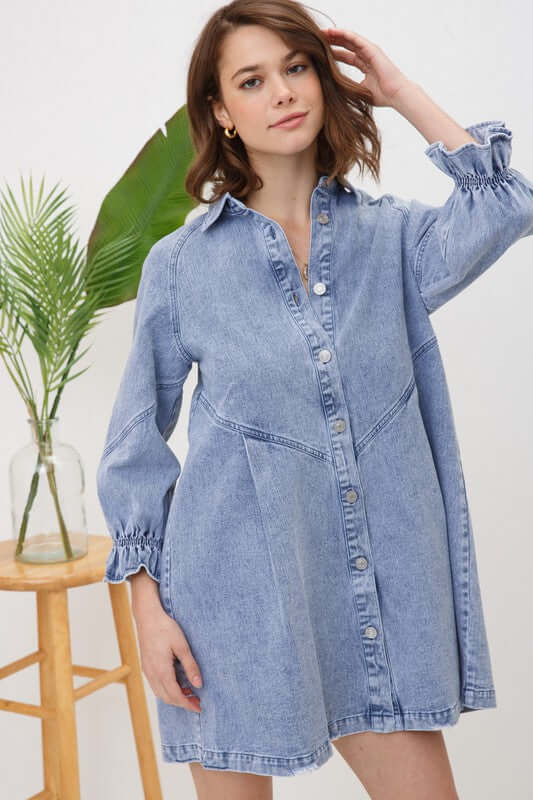 Washed Long Sleeves Denim Dress