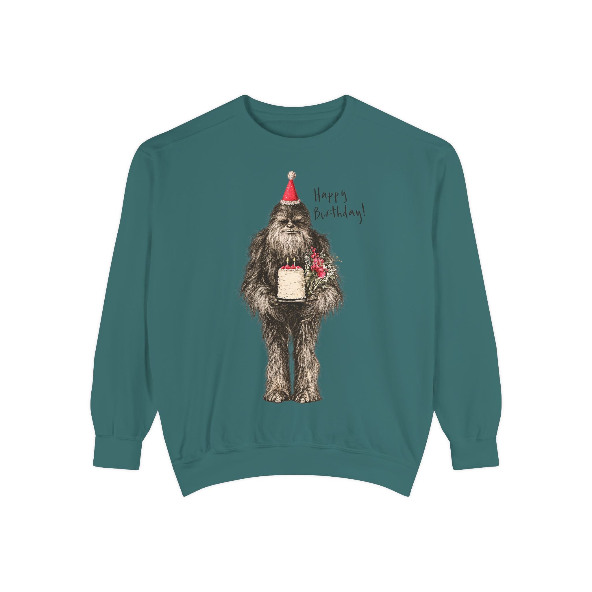Birthday Bigfoot Sweatshirt — Funny Sasquatch with Cake