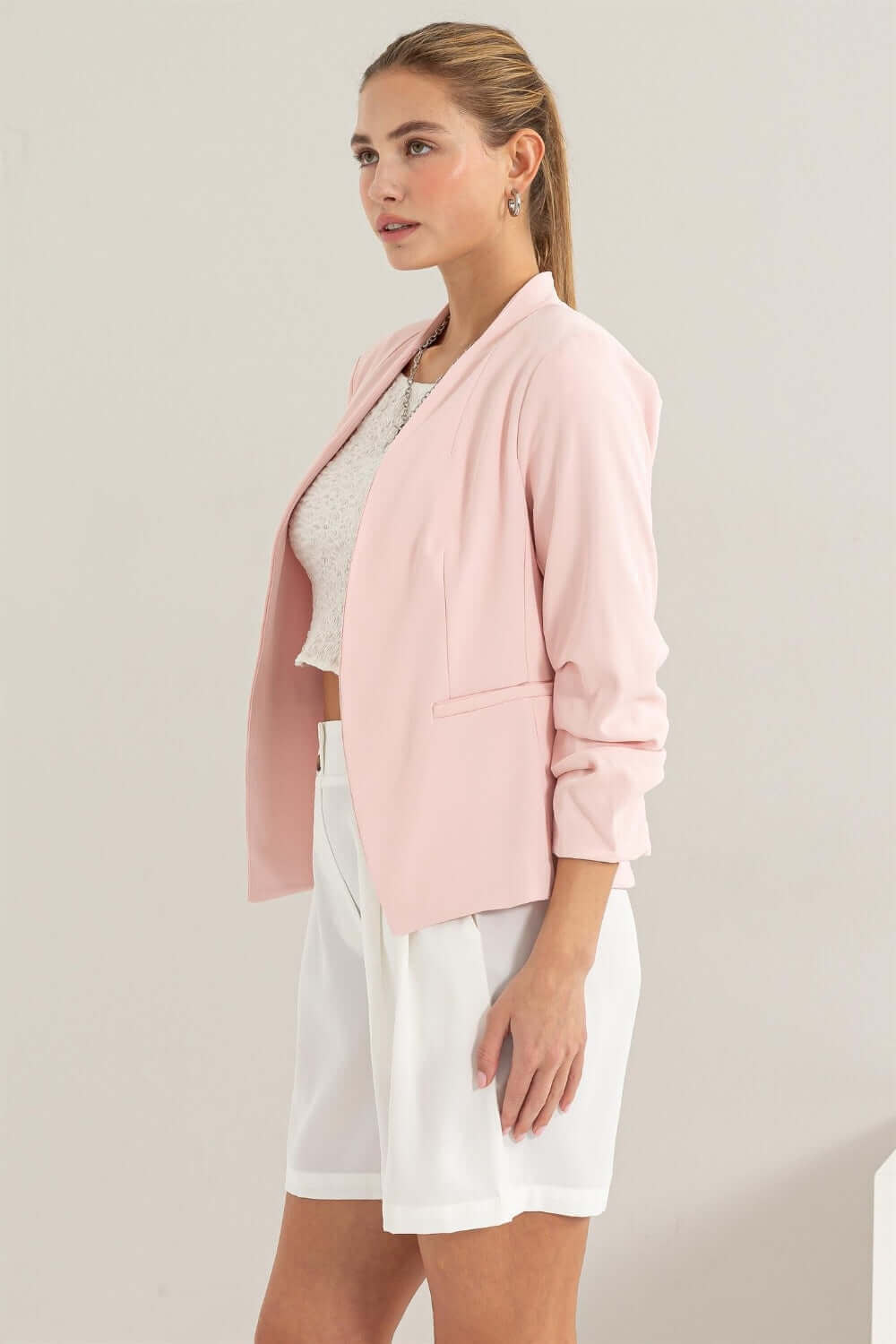 Blush Pink Open Front Ruched Sleeve Blazer, HYFVE, A Moment Of Now