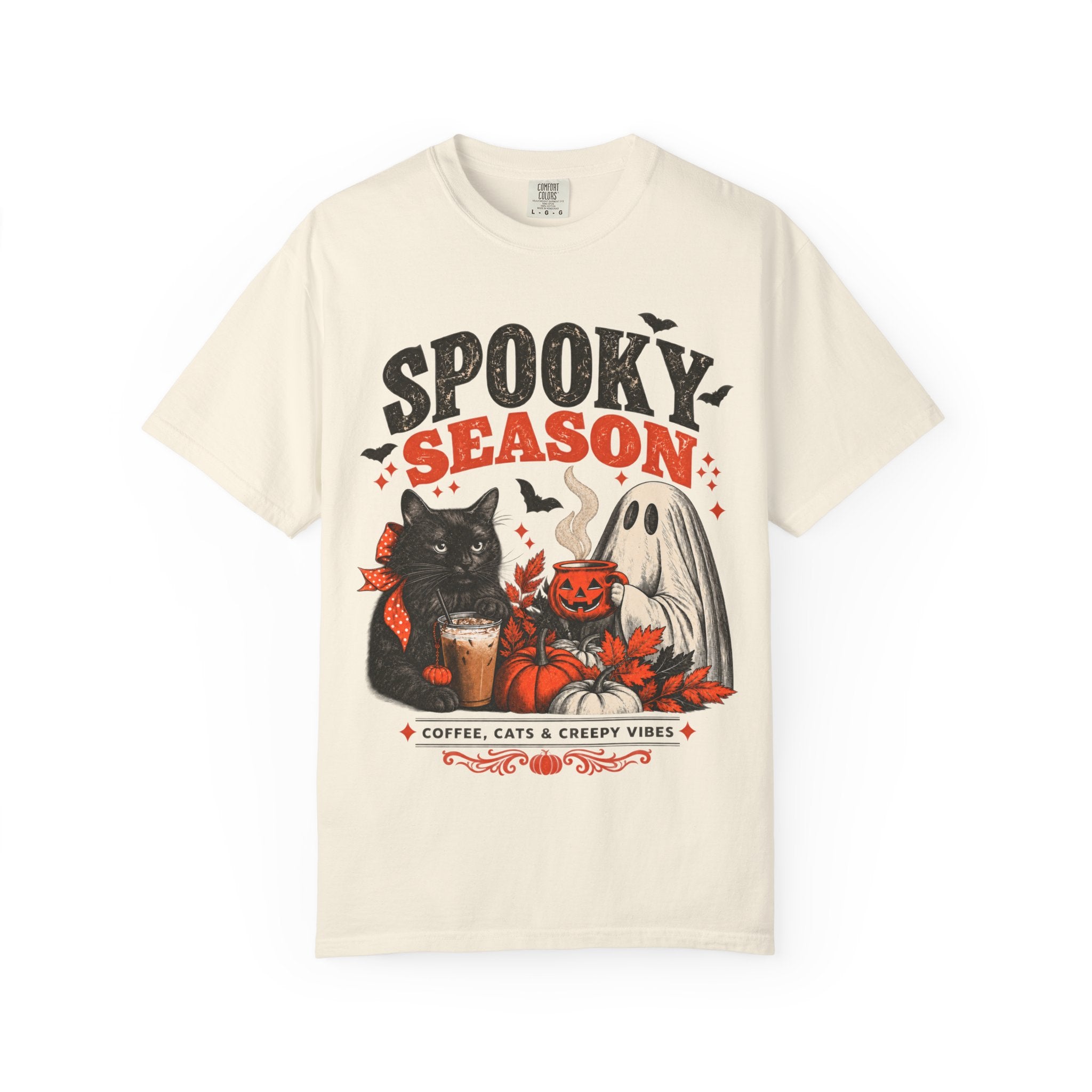 Spooky Season Black Cat & Ghost T-Shirt | Halloween Coffee & Cats Tee