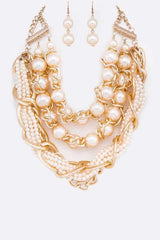 Maximalist  Mix Pearls Layer Statement Necklace Earrings Jewelry Set