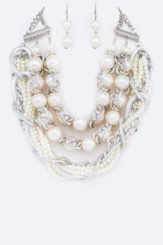 Maximalist Mix Pearls Layer Statement Necklace Earrings Jewelry Set, LA Jewelry Plaza, $ 55.00