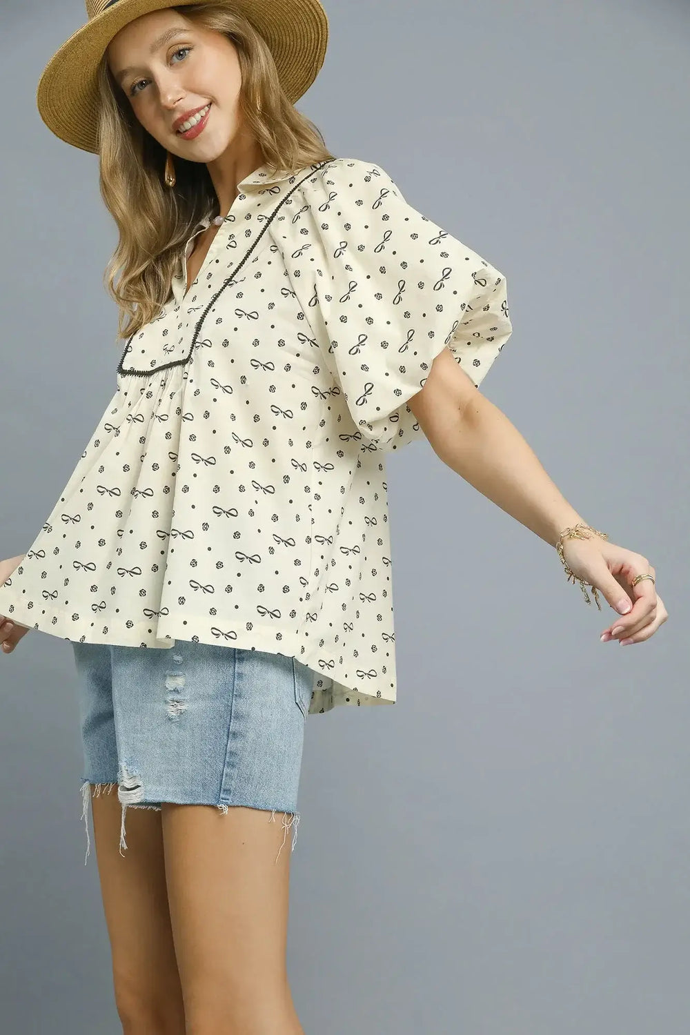 Cream Bow Print Puff Sleeve Blouse - Nautical Charm, Blouses, $ 48.00, A Moment Of Now™