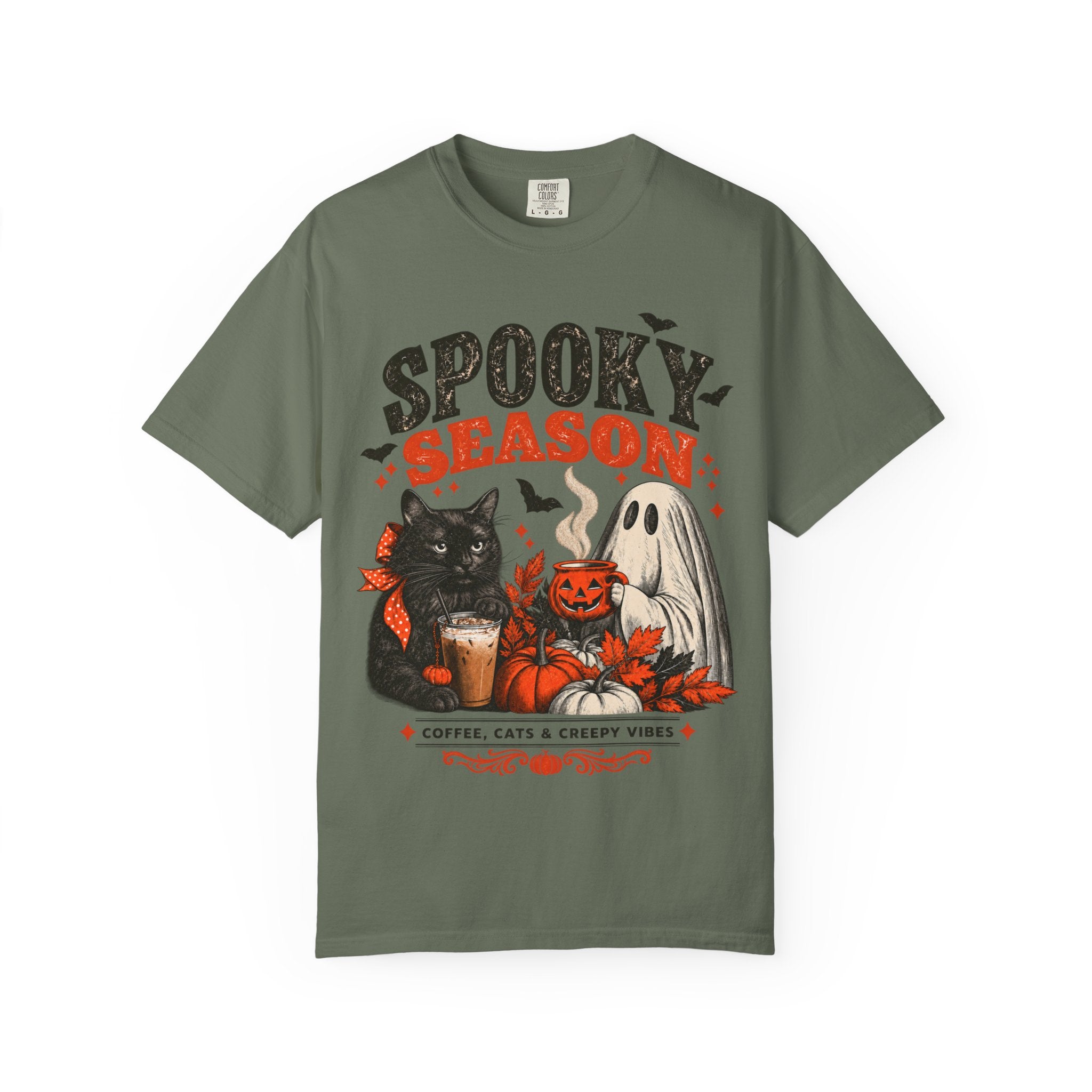 Spooky Season Black Cat & Ghost T-Shirt | Halloween Coffee & Cats Tee