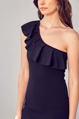 Black One Shoulder Ruffle Party Mini Dress