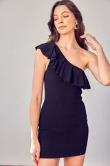 Black One Shoulder Ruffle Party Mini Dress