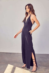 Black Deep V-Neck Backless Wide Leg Jumpsuit, Do + Be Collection, $ 70.95