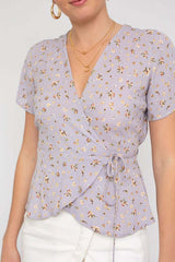 Lavender Short Sleeve Wrap Waist Tie Ditsy Print Top