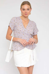 Lavender Short Sleeve Wrap Waist Tie Ditsy Print Top