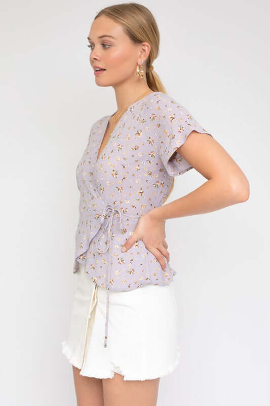 Lavender Short Sleeve Wrap Waist Tie Ditsy Print Top