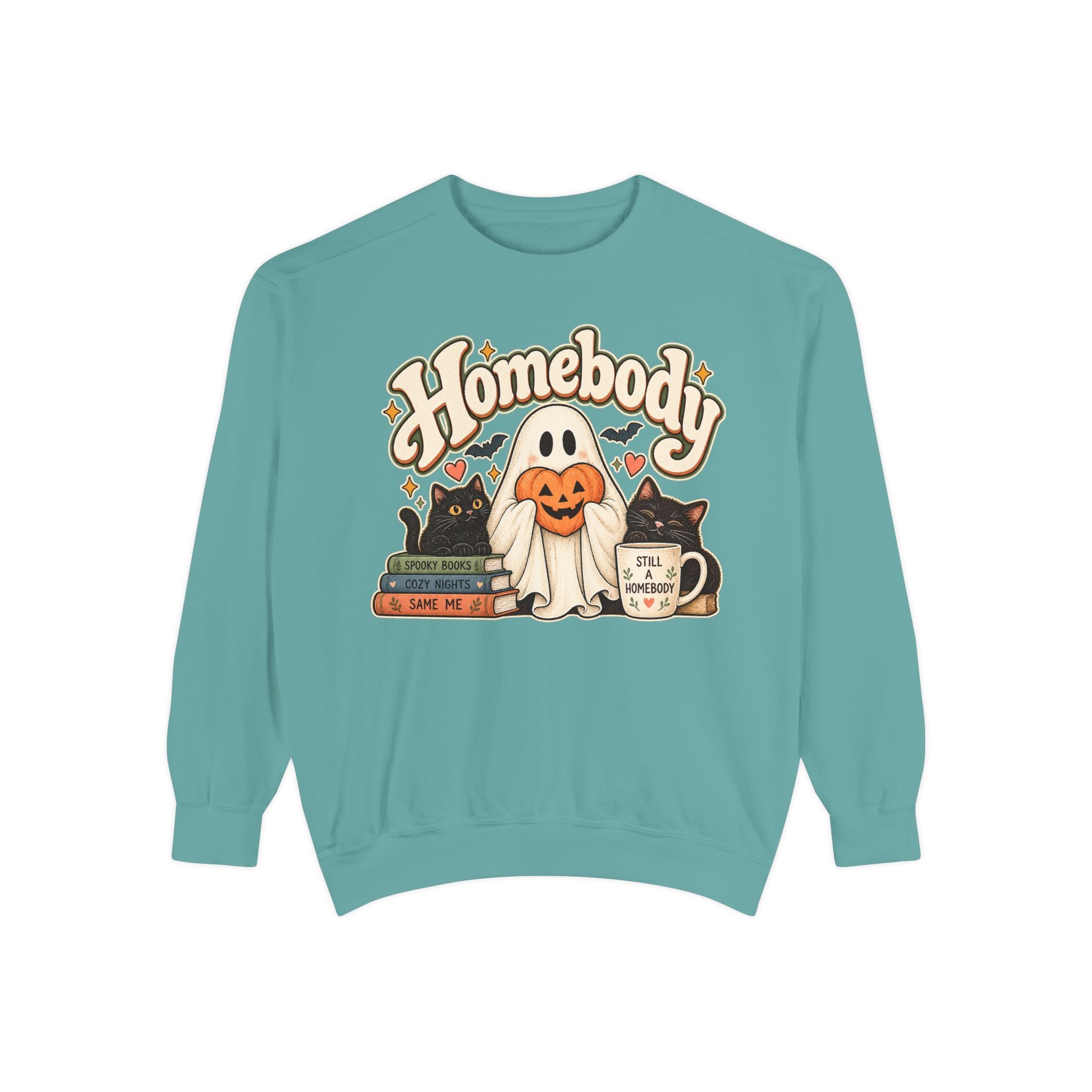 Homebody Sweatshirt — Cozy Halloween Ghost, Books & Pumpkin Mug Graphic - sweatshirt product image 9
