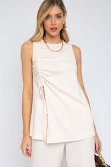 Cream White Sleeveless Ruching Top