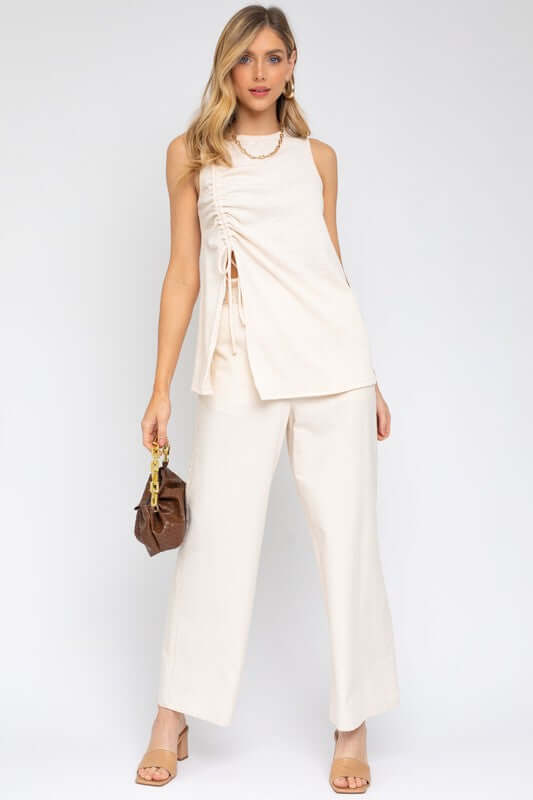 Cream White Sleeveless Ruching Top