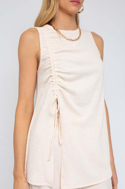 Cream White Sleeveless Ruching Top