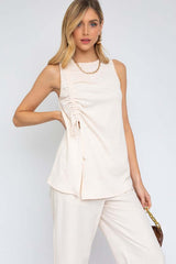 Cream White Sleeveless Ruching Top