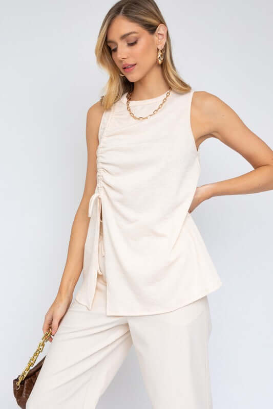 Cream White Sleeveless Ruching Top