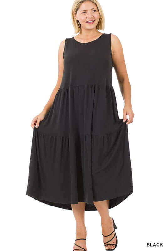 Solid Plus Size Sleeveless Tiered Midi Dress, ZENANA, A Moment Of Now