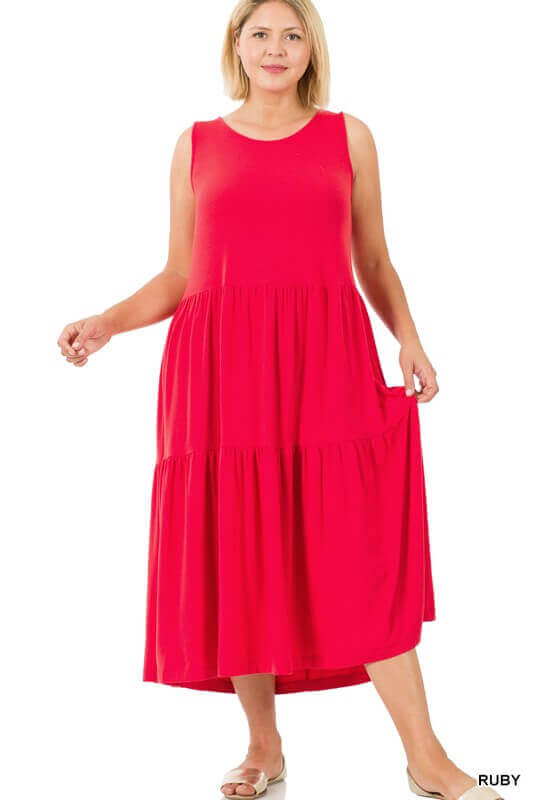 Solid Plus Size Sleeveless Tiered Midi Dress, ZENANA, A Moment Of Now