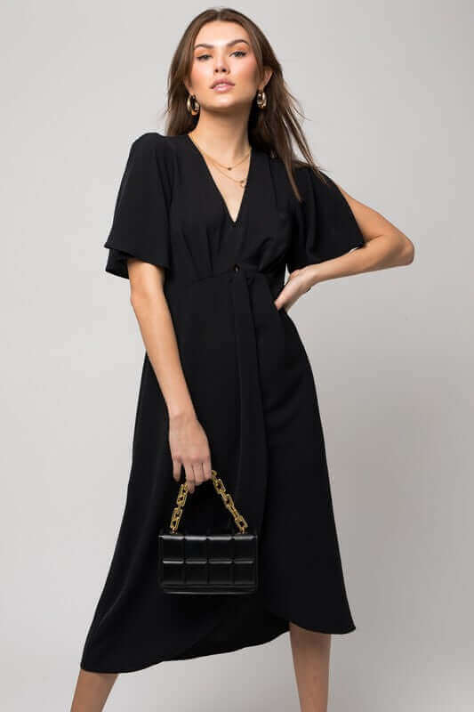 Solid V-Neck Short Sleeve Midi Dress W-Front Knot, Gilli, $ 61.95