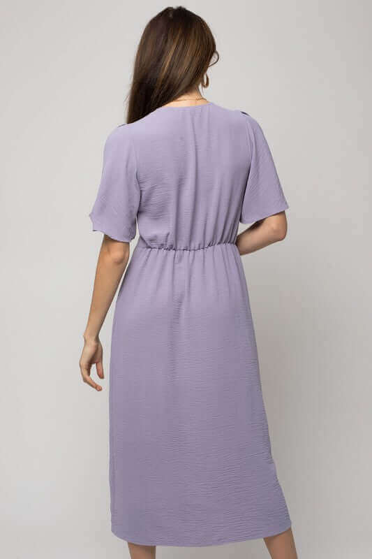 Solid V-Neck Short Sleeve Midi Dress W-Front Knot, Gilli, $ 61.95