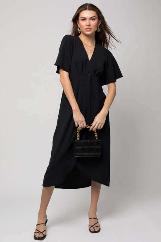 Solid V-Neck Short Sleeve Midi Dress W-Front Knot, Gilli, $ 61.95