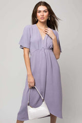 Solid V-Neck Short Sleeve Midi Dress W-Front Knot, Gilli, $ 61.95