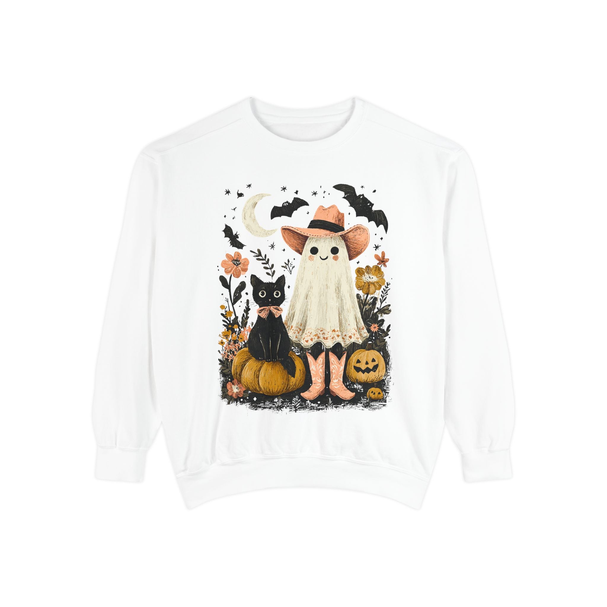 Halloween Ghost Costume Sweatshirt — Cute Ghost, Black Cat & Pumpkins Fall Pullover - sweatshirt product image 1