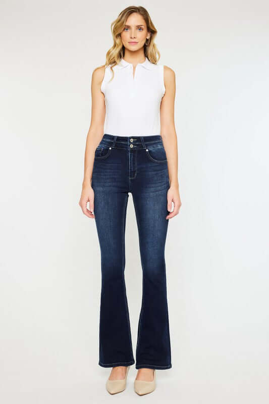 Dark Blue High Rise Wide Waistband Skinny Bootcut Jeans