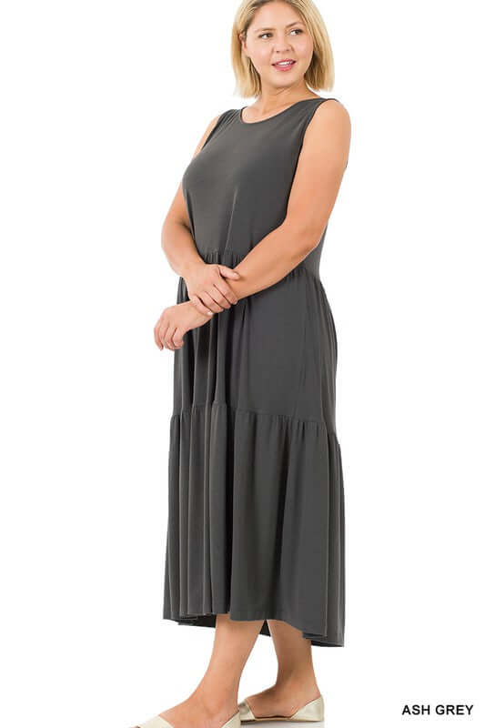 Plus Size Solid Sleeveless Tiered Midi Dress, ZENANA, $ 35.00