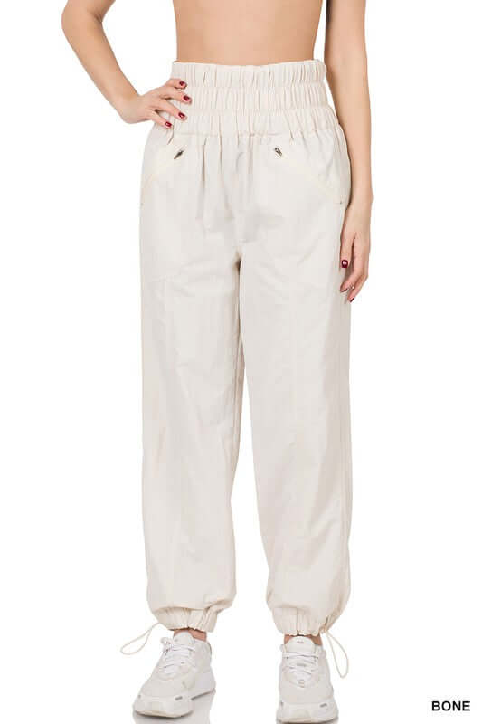 Women's Windbreaker Smocked High Waistband Jogger Pants, ZENANA, $ 45.00