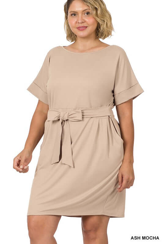 Plus Size Brushed Tie Belt Mini Dress, ZENANA, $ 29.00