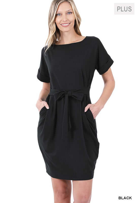 Plus Size Brushed Tie Belt Mini Dress, ZENANA, $ 29.00