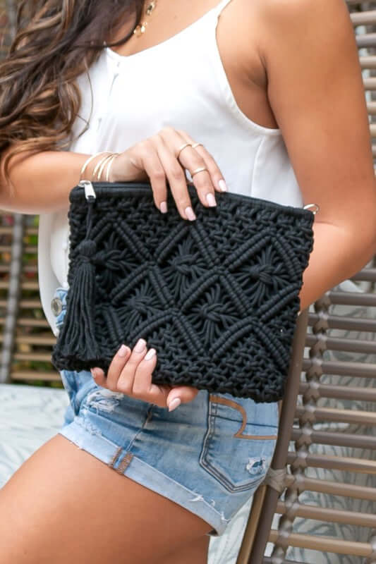 Chic Macrame Tassel Clutch - Stylish & Functional, Clutches, $ 41.00, A Moment Of Now™