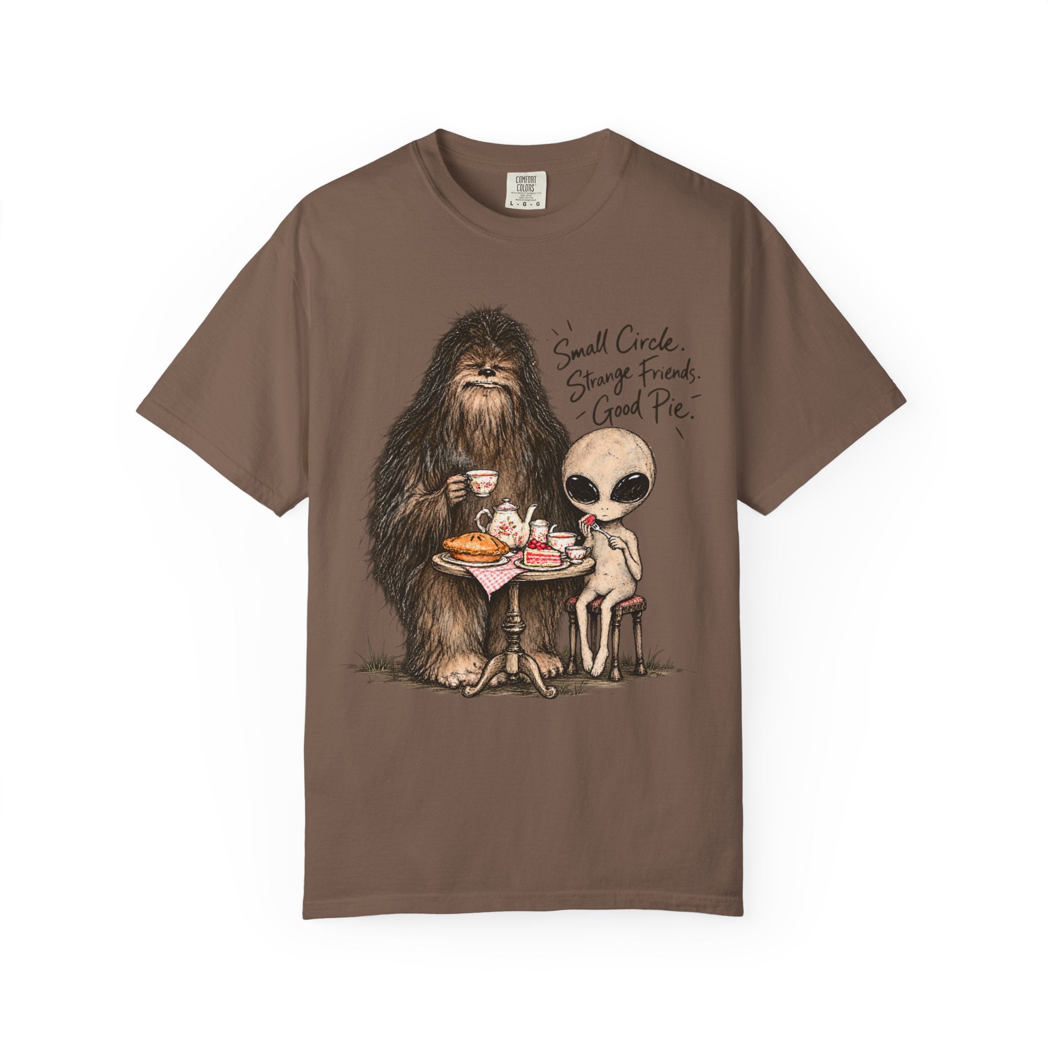 Bigfoot & Alien Tea Party T-Shirt | Small Circle, Strange Friends, Good Pie