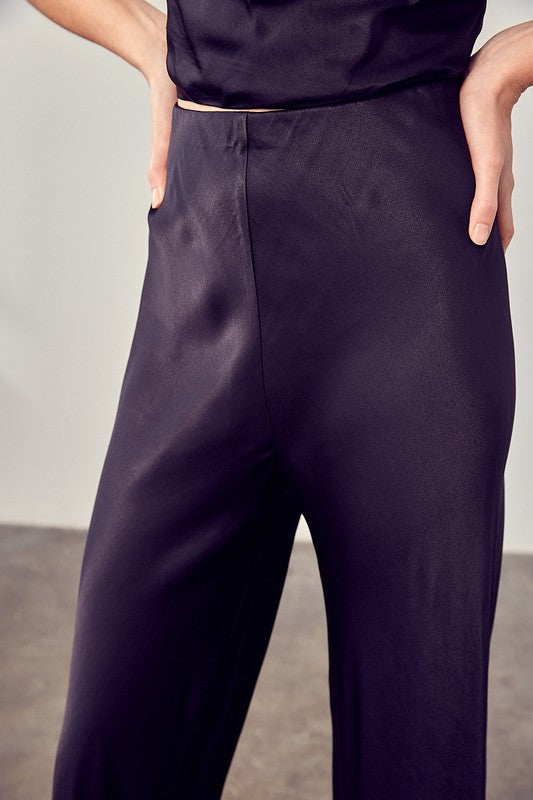 Black Satin Relaxed  Flared Pants