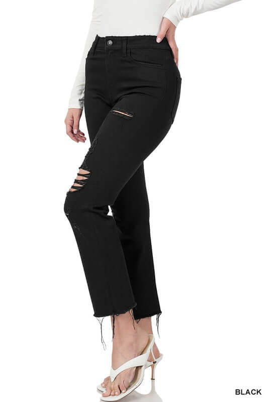 Black Distressed Cropped Denim Jeans, ZENANA, A Moment Of Now