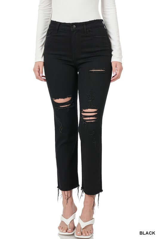 Black Distressed Cropped Denim Jeans, ZENANA, A Moment Of Now