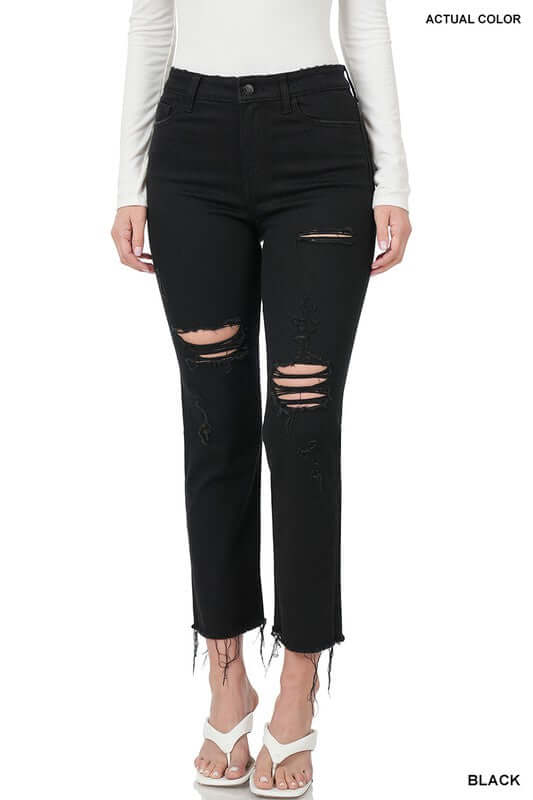 Black Distressed Cropped Denim Jeans, ZENANA, A Moment Of Now