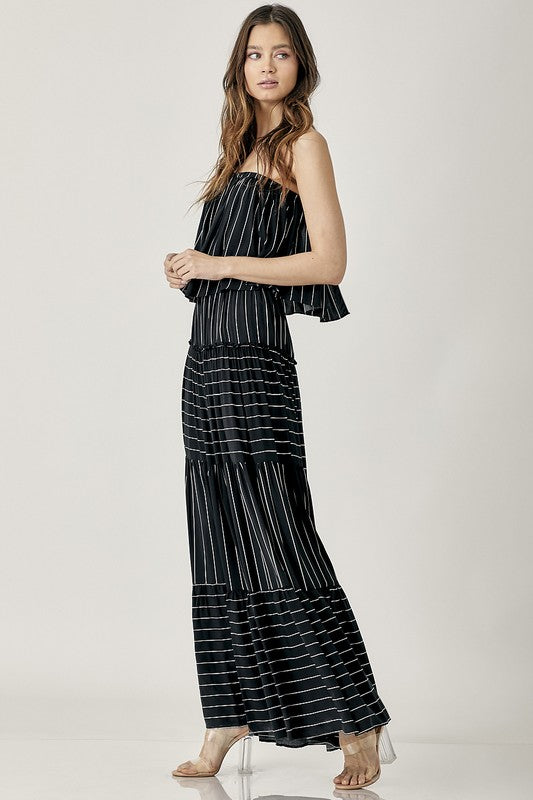 Black Pin Stripe Print Tube Maxi Dress