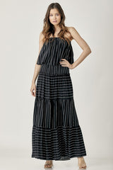 Black Pin Stripe Print Tube Maxi Dress