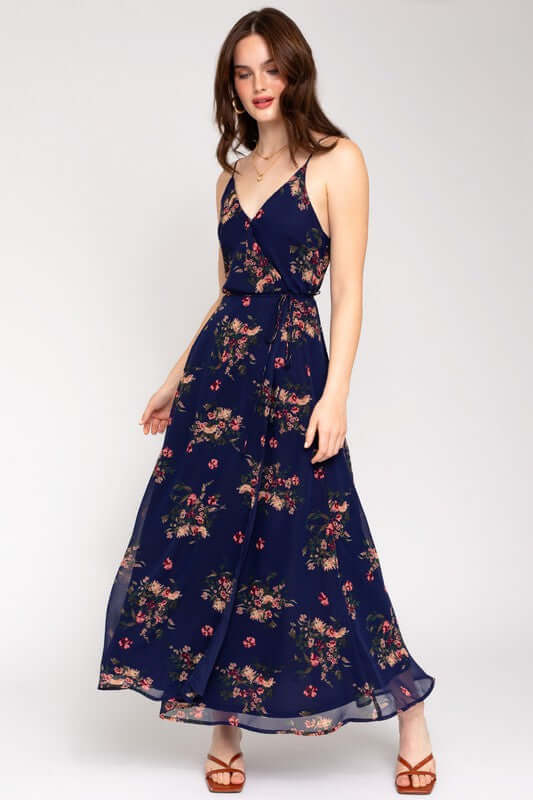 Boho Navy Spa Strap Floral Printed Maxi Wrap Dress, Gilli, A Moment Of Now