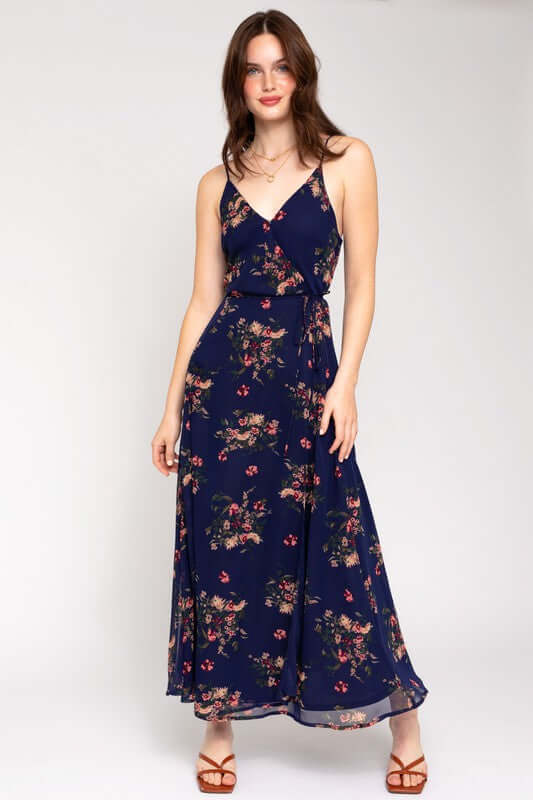 Boho Navy Spa Strap Floral Printed Maxi Wrap Dress, Gilli, A Moment Of Now